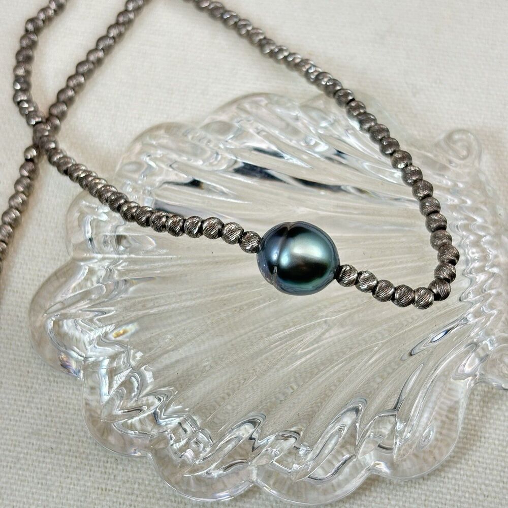 925 Sterling Silver Textured Bead Chain Necklace w/ Black Pearl Pendant 18” 9.6g